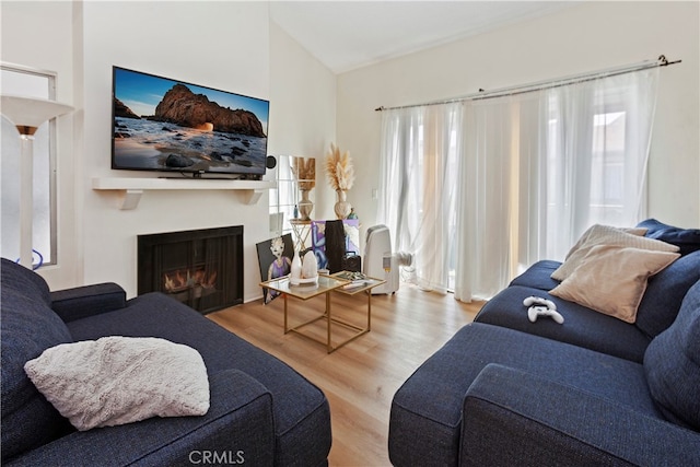 living room with vaulted ceiling and light hardwood / wood-style floors