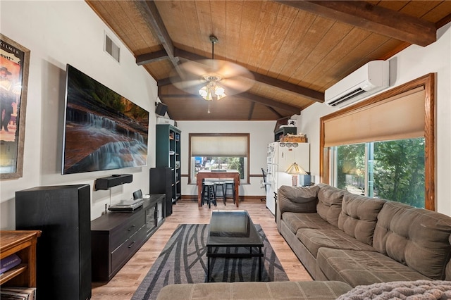 living room featuring a wall mounted air conditioner, lofted ceiling with beams, a healthy amount of sunlight, and wood ceiling