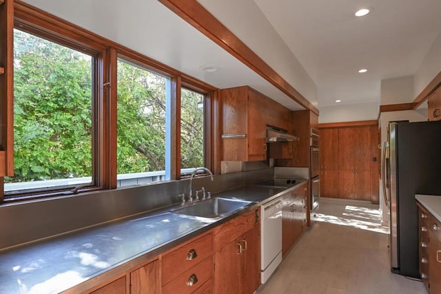 kitchen with light hardwood / wood-style floors, stainless steel appliances, ventilation hood, and sink