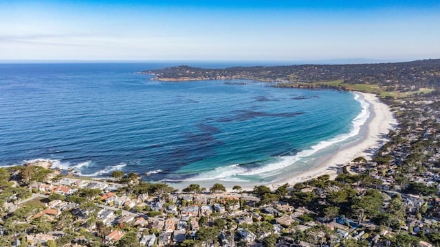 bird's eye view with a water view and a beach view