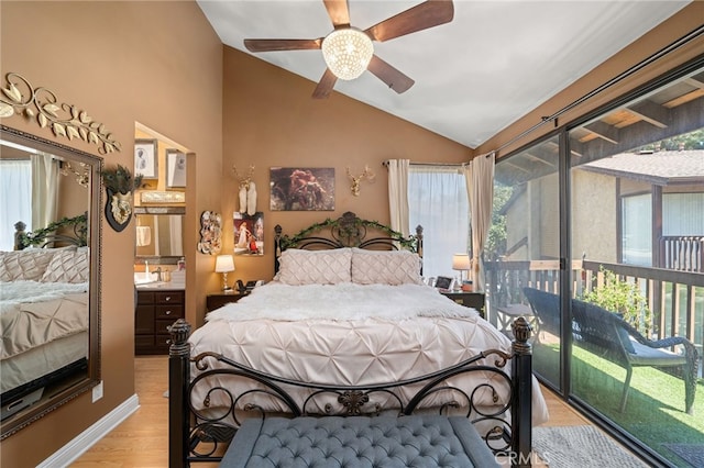 bedroom with light hardwood / wood-style floors, lofted ceiling, ceiling fan, and access to exterior