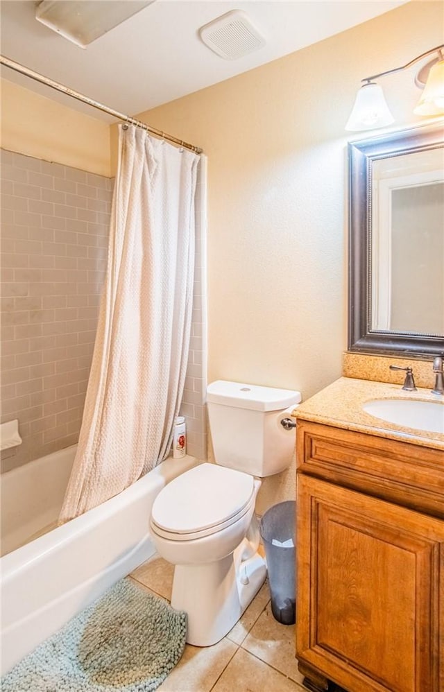 full bath featuring tile patterned floors, toilet, vanity, shower / bath combo with shower curtain, and visible vents