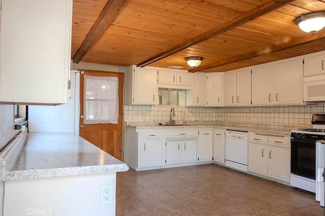 kitchen with white cabinetry, sink, wooden ceiling, beamed ceiling, and white appliances