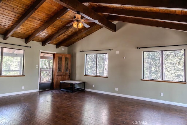 unfurnished living room with beamed ceiling, dark hardwood / wood-style flooring, and a wealth of natural light