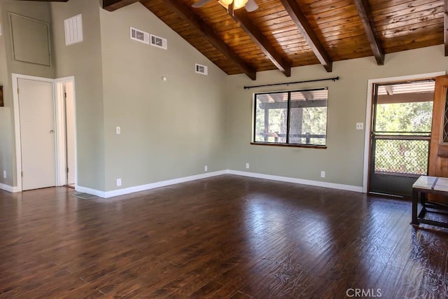 spare room featuring beamed ceiling, dark hardwood / wood-style flooring, and a healthy amount of sunlight