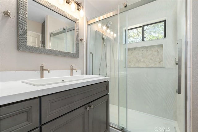 bathroom featuring vanity and a shower with shower door