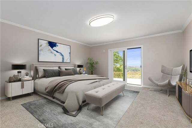 bedroom with light colored carpet and ornamental molding