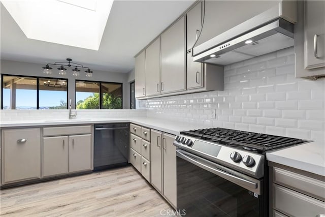 kitchen featuring gas range, dishwasher, wall chimney exhaust hood, sink, and decorative backsplash