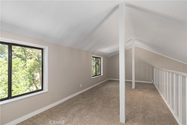 bonus room with light carpet, plenty of natural light, and vaulted ceiling