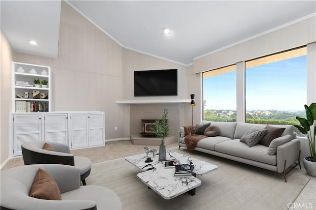 carpeted living room with vaulted ceiling and ornamental molding