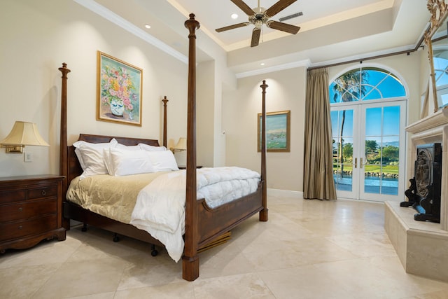 bedroom with access to outside, ornamental molding, ceiling fan, and french doors