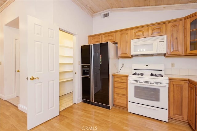 kitchen with lofted ceiling, white appliances, light hardwood / wood-style flooring, and wooden ceiling