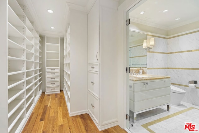 spacious closet featuring light hardwood / wood-style floors and sink