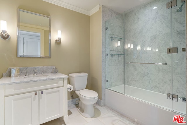 full bathroom with bath / shower combo with glass door, crown molding, vanity, and toilet