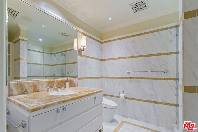 bathroom with tile walls, vanity, walk in shower, ornamental molding, and toilet