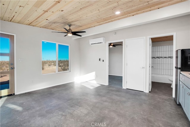 unfurnished bedroom featuring a spacious closet, multiple windows, wooden ceiling, and a wall mounted air conditioner