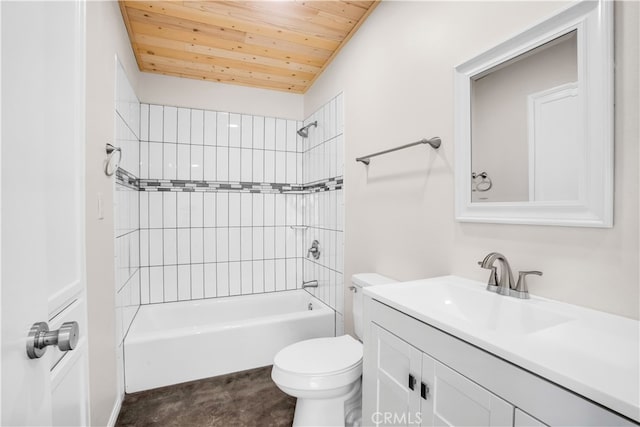 full bathroom with tiled shower / bath combo, wood ceiling, vanity, and toilet