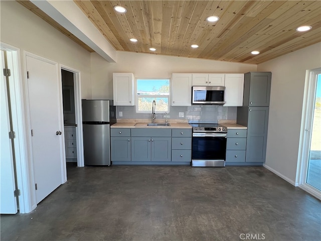 kitchen with sink, vaulted ceiling, stainless steel appliances, backsplash, and wooden ceiling