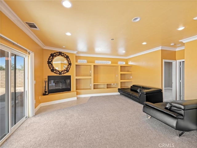 living room featuring carpet floors and ornamental molding