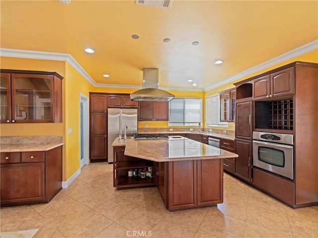 kitchen featuring sink, an island with sink, stainless steel appliances, ornamental molding, and island range hood