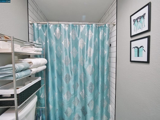 bathroom featuring toilet and a shower with shower curtain