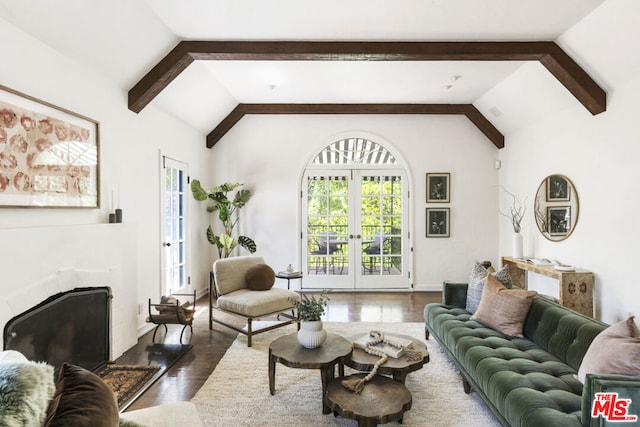 living room featuring french doors, dark hardwood / wood-style flooring, and vaulted ceiling with beams