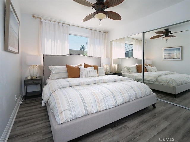 bedroom with ceiling fan, dark hardwood / wood-style floors, and a closet