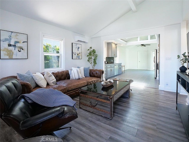 living room featuring ceiling fan, hardwood / wood-style floors, vaulted ceiling with beams, and a wall mounted air conditioner