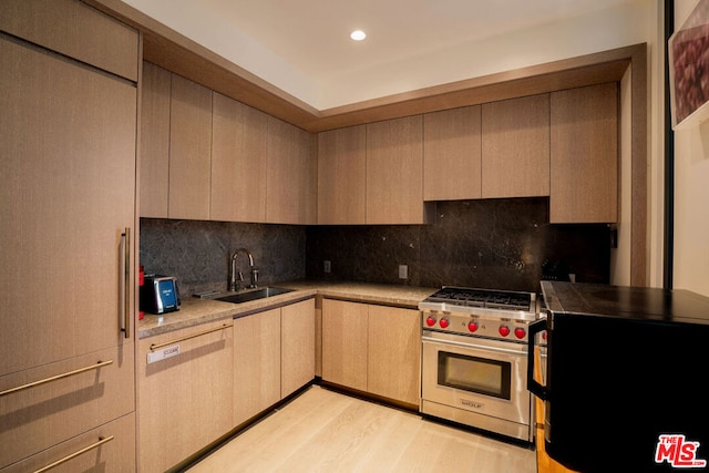 kitchen featuring decorative backsplash, dishwasher, light hardwood / wood-style flooring, sink, and premium stove