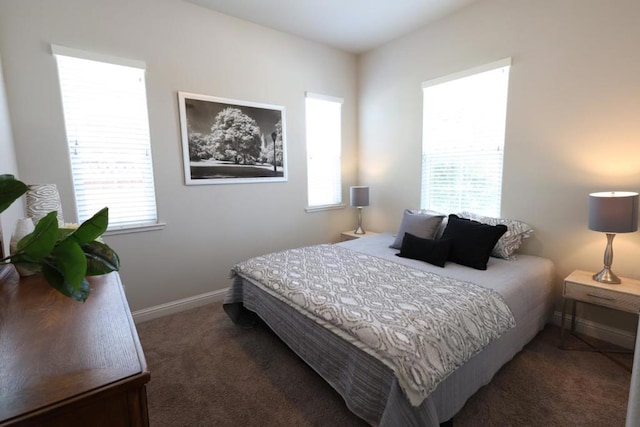 bedroom featuring multiple windows and dark colored carpet