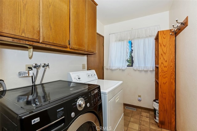 laundry room featuring washer and dryer and cabinets