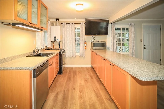 kitchen with stainless steel appliances, tankless water heater, plenty of natural light, and light hardwood / wood-style floors