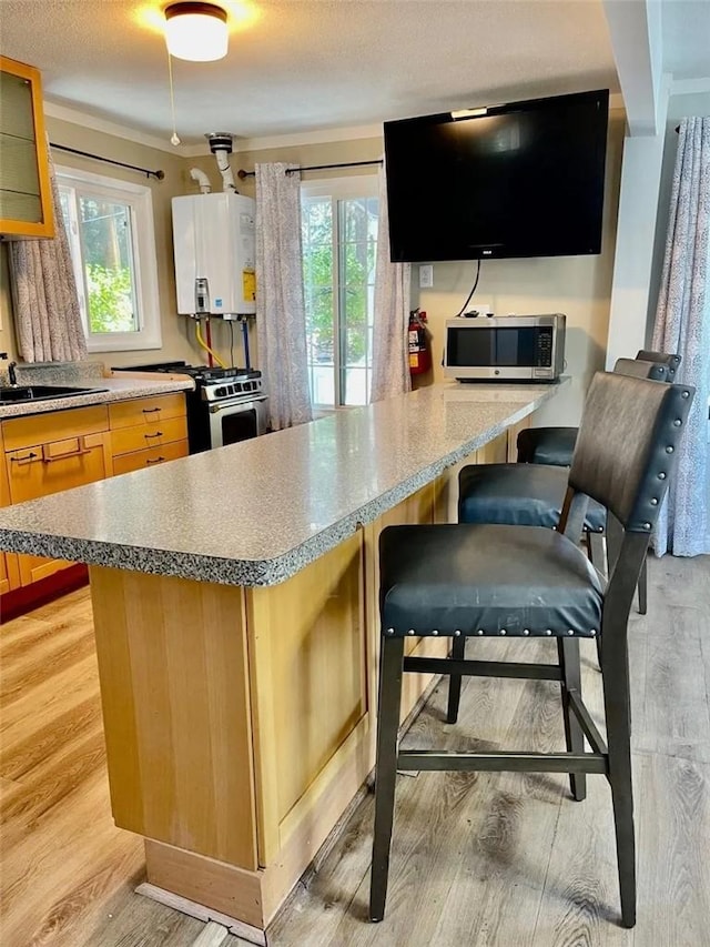 kitchen with a breakfast bar area, tankless water heater, stainless steel appliances, a sink, and glass insert cabinets