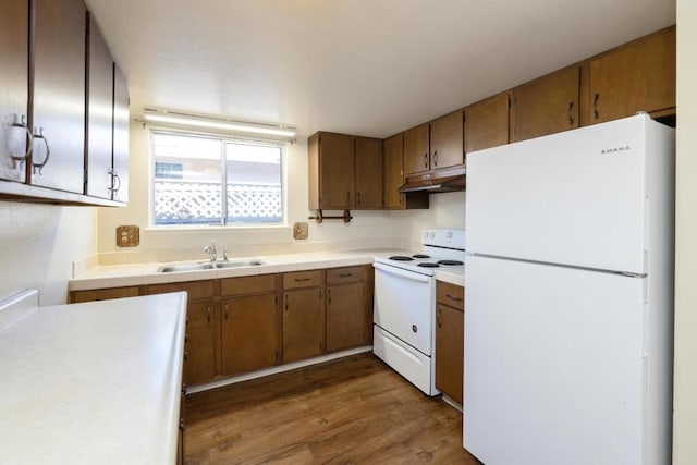 kitchen featuring dark hardwood / wood-style floors, sink, and white appliances