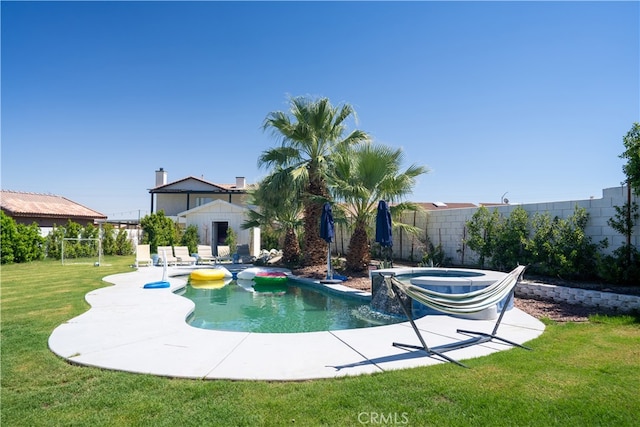 view of swimming pool with a lawn, an in ground hot tub, and a patio