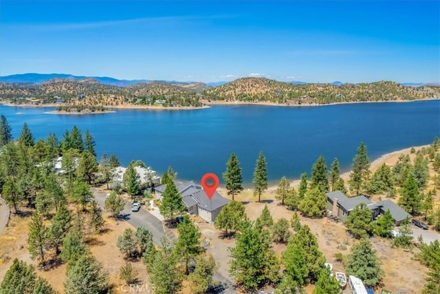 drone / aerial view featuring a water and mountain view