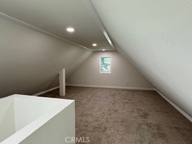 additional living space featuring lofted ceiling and carpet floors