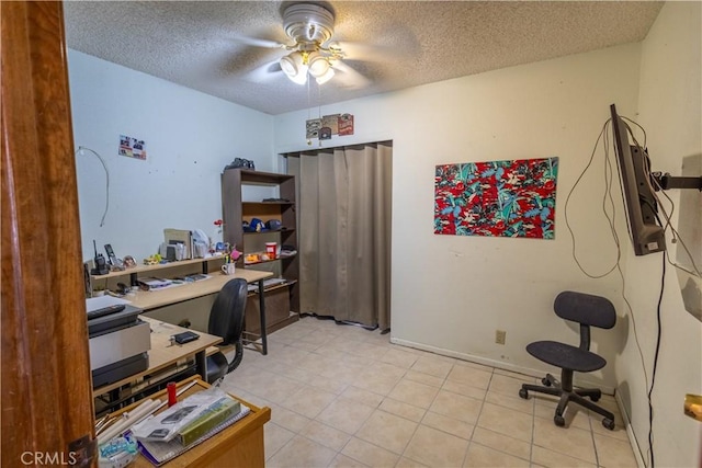 home office with a textured ceiling and ceiling fan