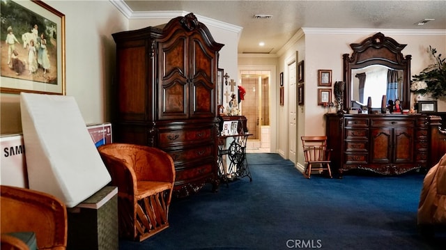 living area with a textured ceiling, carpet floors, and ornamental molding