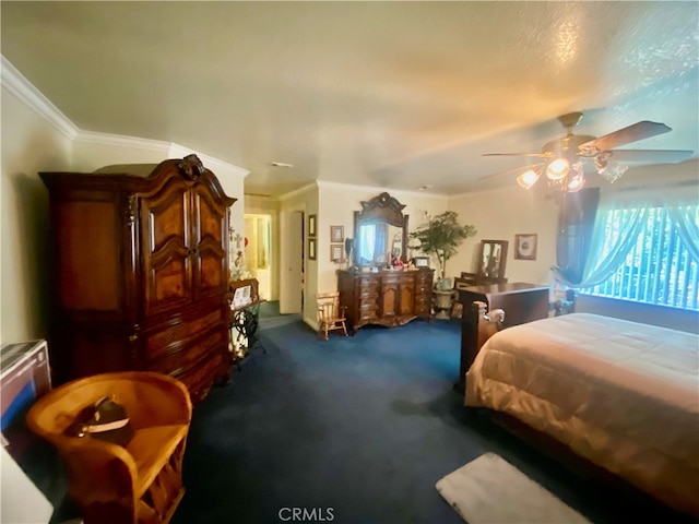 carpeted bedroom with ceiling fan and crown molding