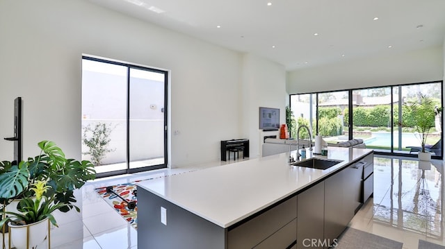 kitchen with a center island with sink, a healthy amount of sunlight, gray cabinetry, and sink