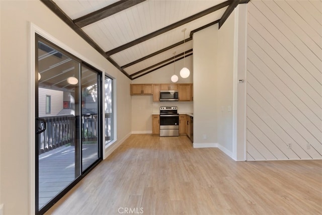 unfurnished living room with light wood-type flooring, wood walls, beam ceiling, and high vaulted ceiling