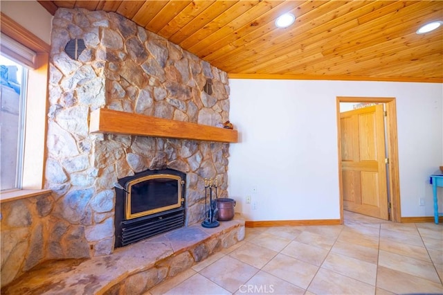 tiled living room featuring a stone fireplace, lofted ceiling, and wood ceiling