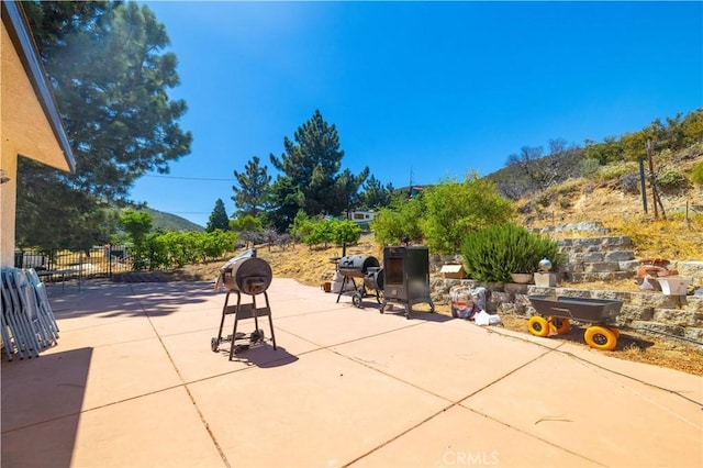 view of patio featuring a mountain view