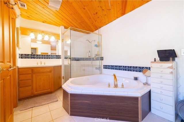 bathroom featuring plus walk in shower, vanity, tile patterned floors, and wood ceiling