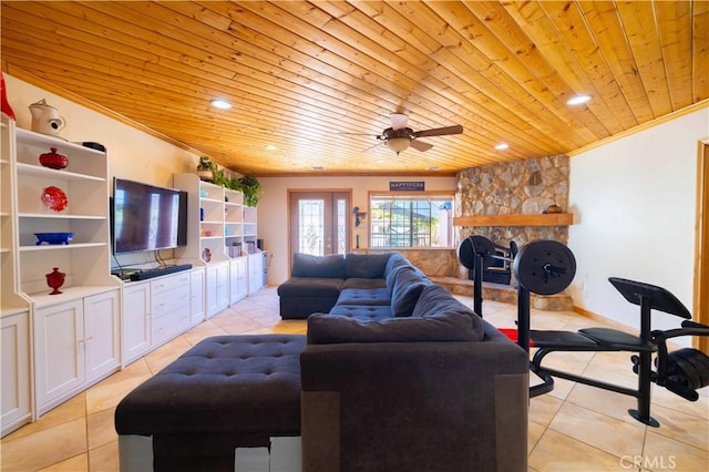 tiled living room featuring ceiling fan, wood ceiling, and ornamental molding