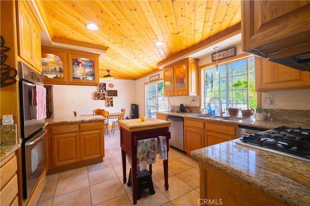 kitchen featuring wooden ceiling, light tile patterned floors, stainless steel appliances, and light stone counters