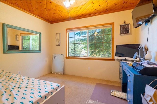 carpeted bedroom featuring wood ceiling and ornamental molding