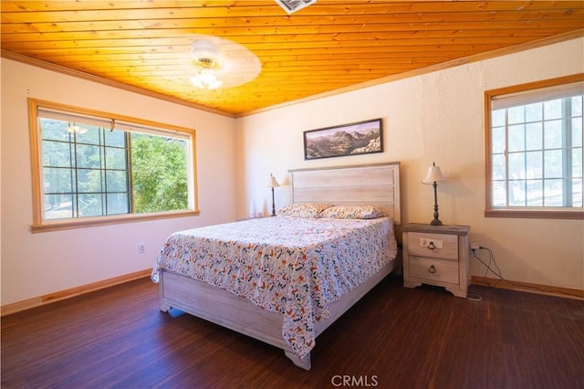 bedroom featuring wooden ceiling, dark wood-type flooring, and ornamental molding