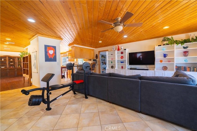 tiled living room featuring ceiling fan and wood ceiling